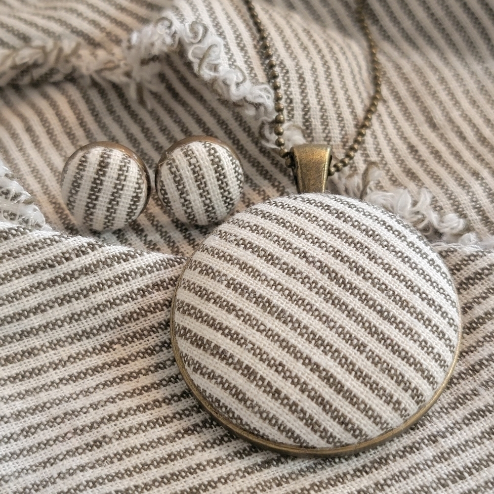 New Handmade | Stripes Fabric Button Necklace & Earring Set